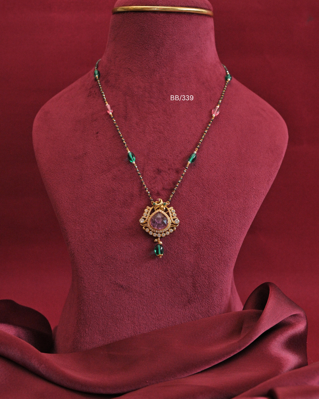 Peacock & Faceted Purple Gemstone Pendant Mangalsutra with Emerald & Pink Station Beads |SKU: BB/339