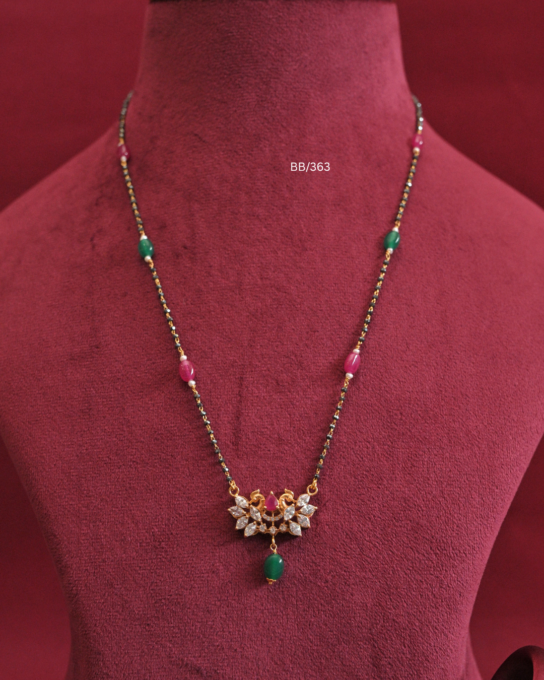 Twin Peacock & CZ Floral Cluster Pendant Mangalsutra with Ruby & Emerald Station Beads |SKU: BB/363