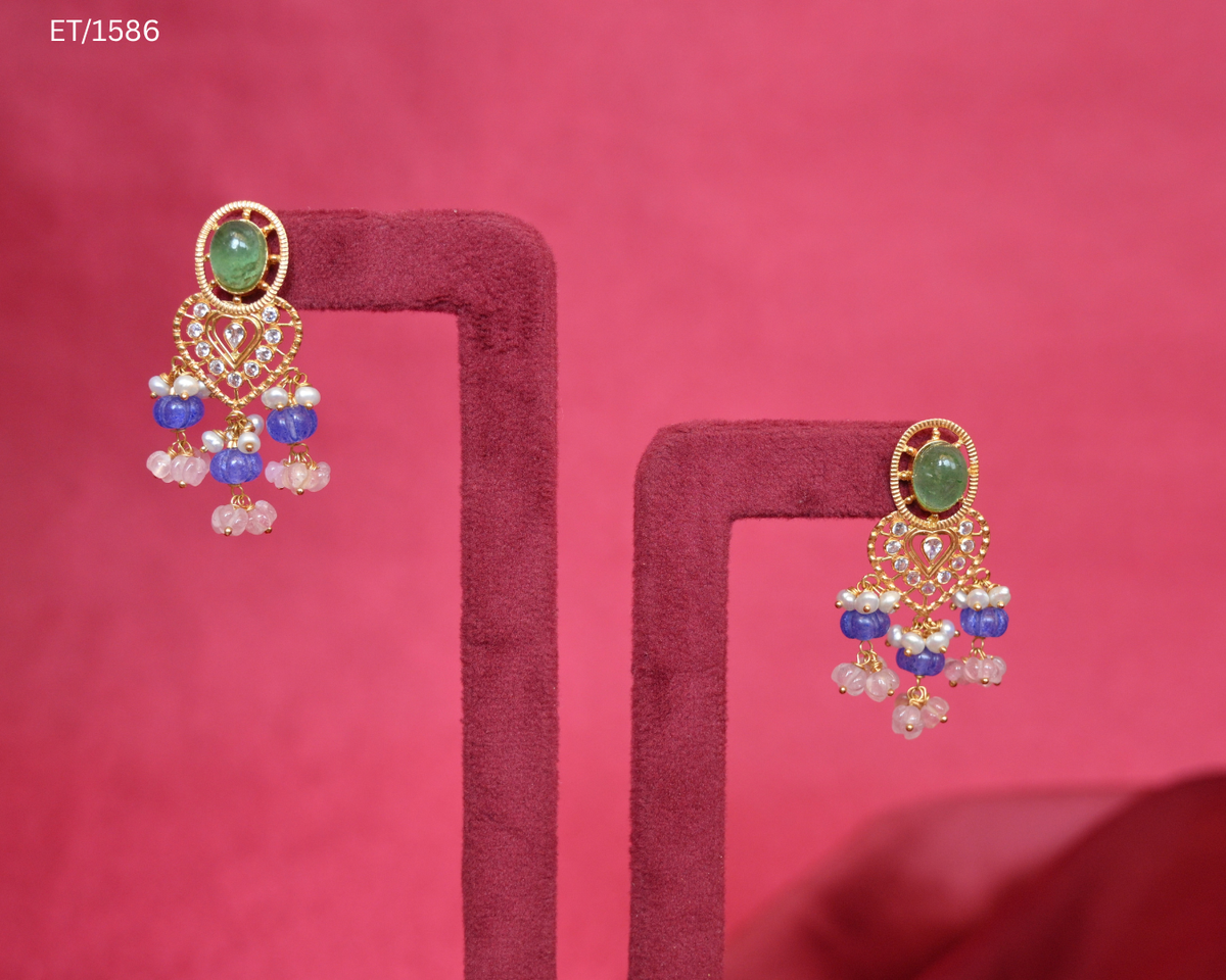 Polki Mint Gemstone & Multigem Bead Drop Earrings | SKU: ET/1586