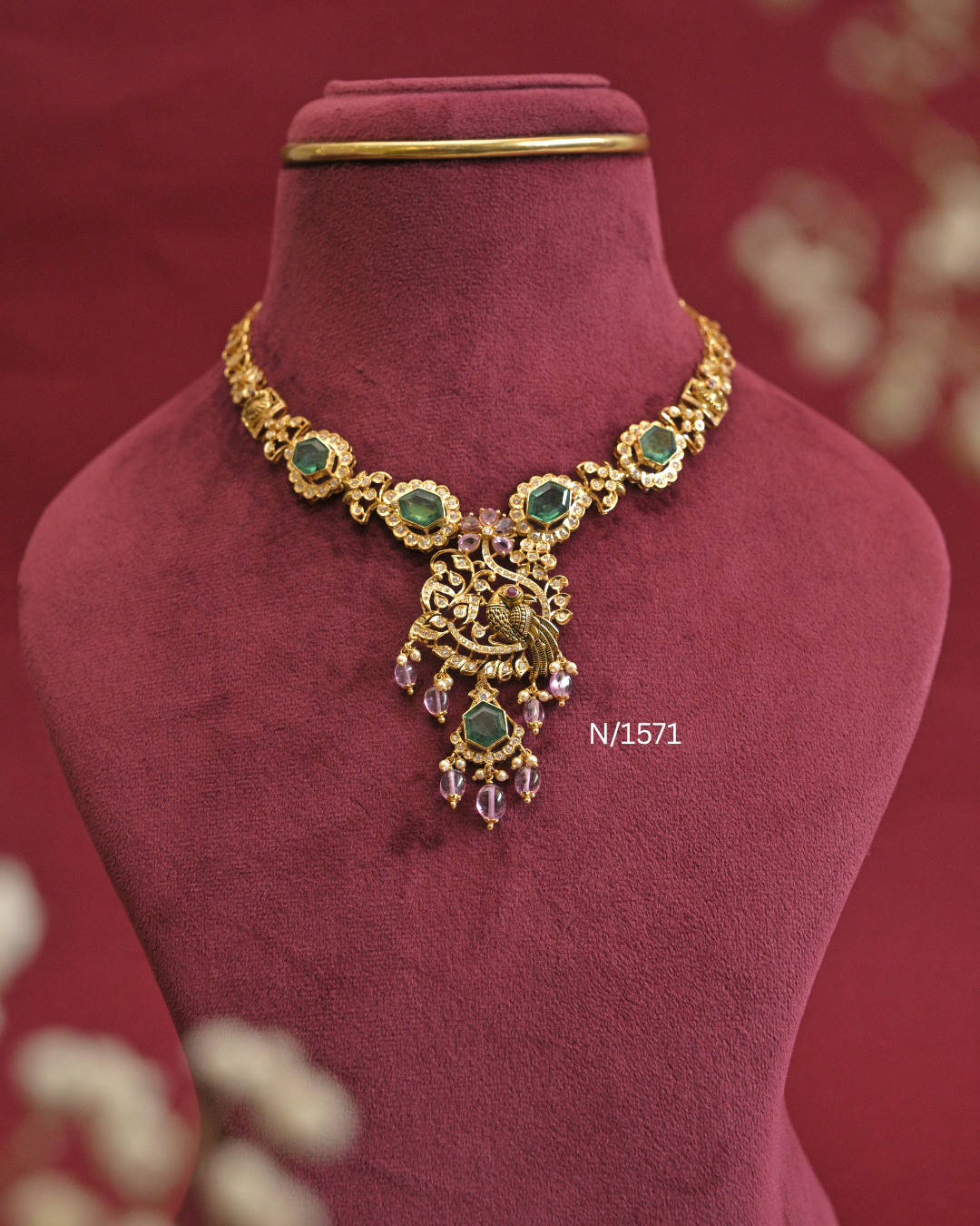 22kt Gold Hexagonal Sea Green Emerald & Peacock Necklace | 24.81g Net | SKU: N/1571
