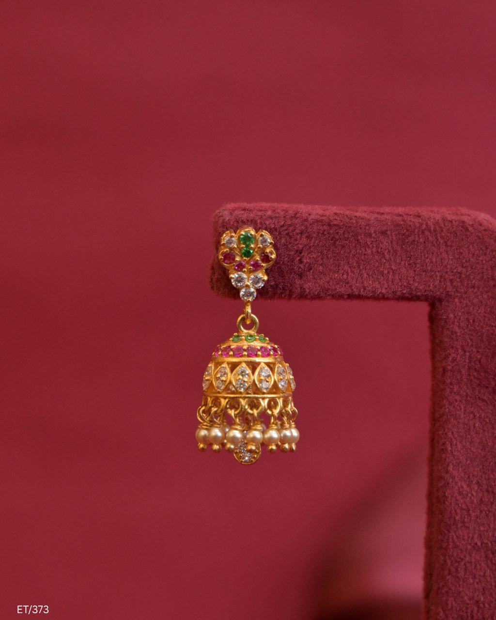 Jhumka Earrings with Rubies, Emeralds, CZ Polkis & Pearl Fringes | SKU: ET/373