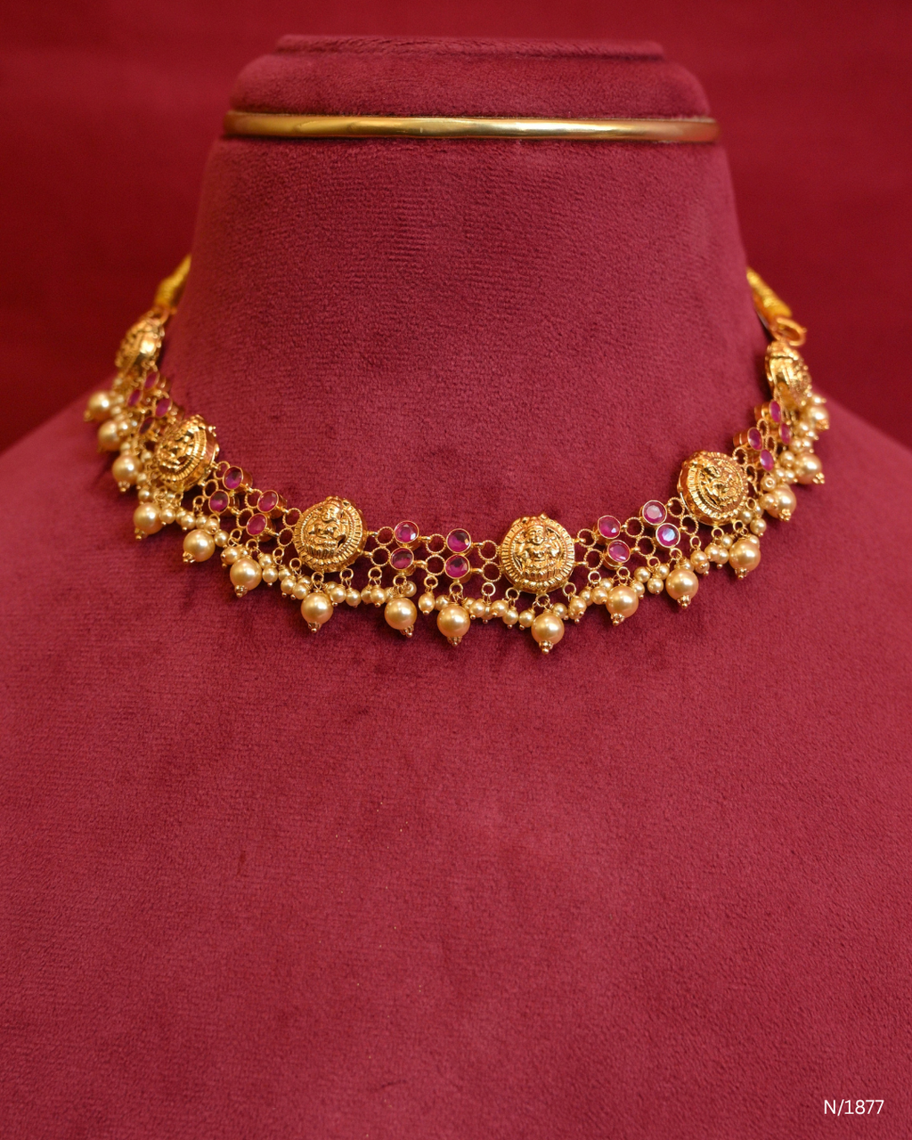 Goddess Lakshmi & Ruby Cabochon Temple Choker Necklace with Pearl Drops | SKU: N/1877