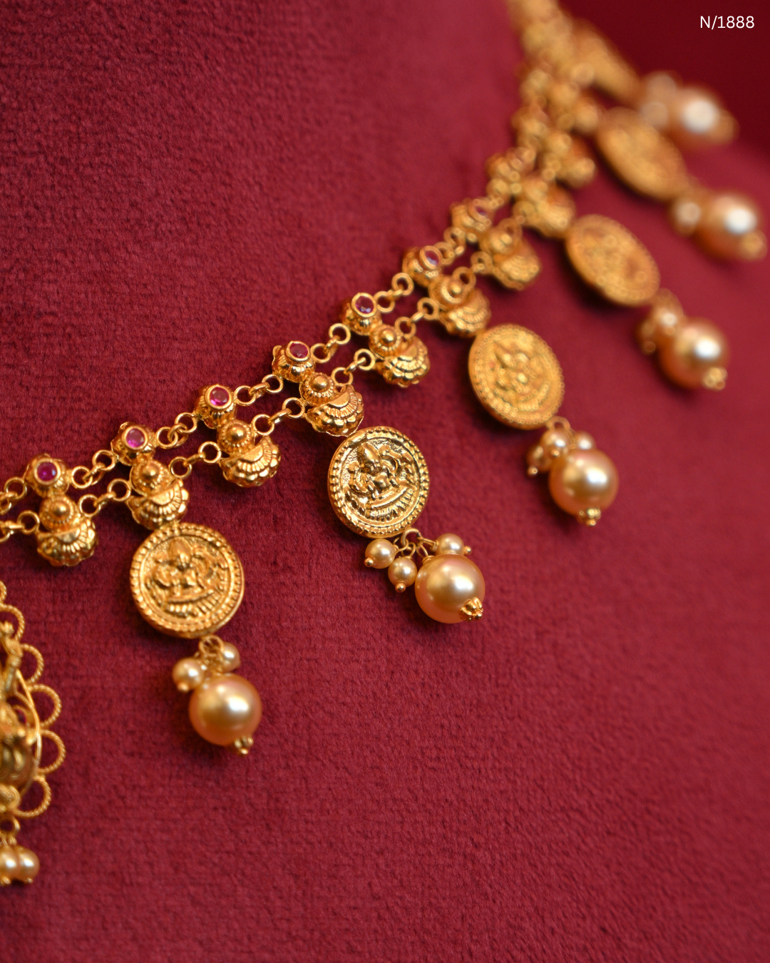 Traditional Lakshmi Kasumala Temple Necklace with Central Filigree Medallion & Pearl Drops | SKU: N/1888