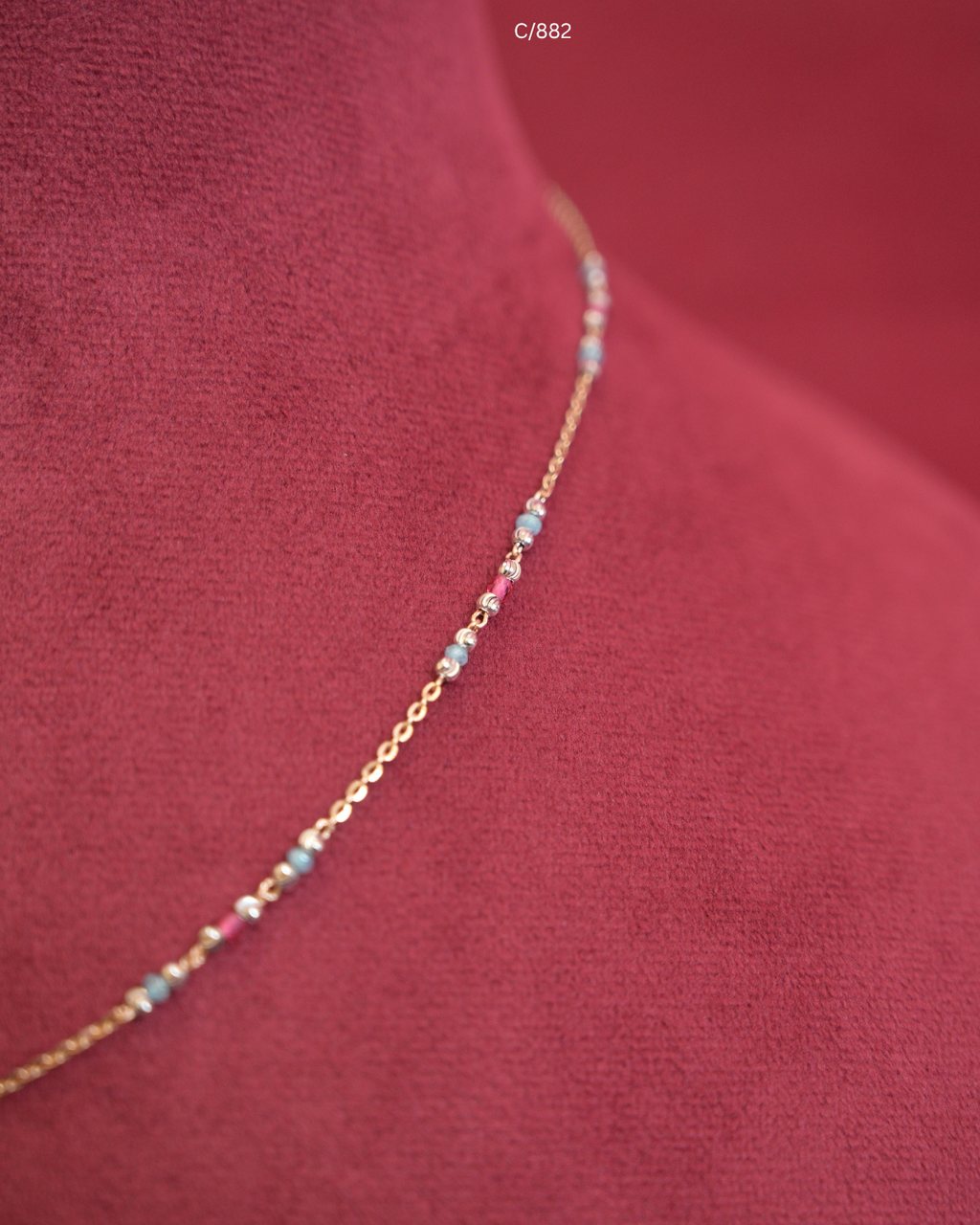 Gold Light Blue & Pearl Beaded Station Necklace with Hexagonal Pave CZ Halo Pendant | SKU: C/882