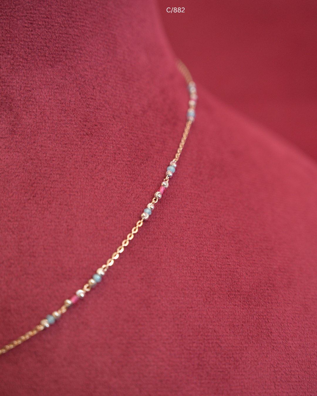 Gold Light Blue & Pearl Beaded Station Necklace with Hexagonal Pave CZ Halo Pendant | SKU: C/882