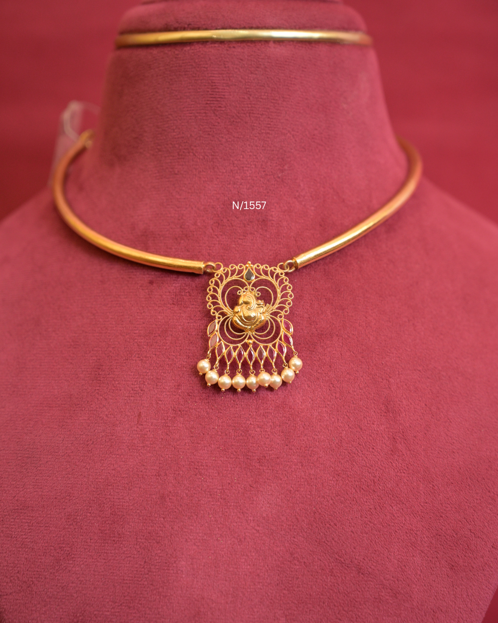 Lord Ganesha Filigree Pendant Tubular Hasli Necklace with Rubies & Pearl Drops| SKU: N/1557
