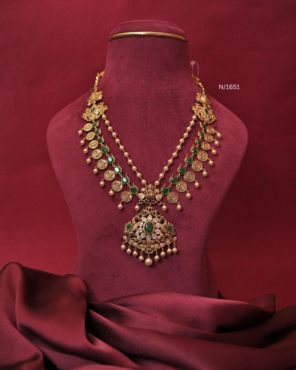 Emerald Kasu Mala Haram with Layered Pearl Chain & Lakshmi Pendant |SKU: N/1651
