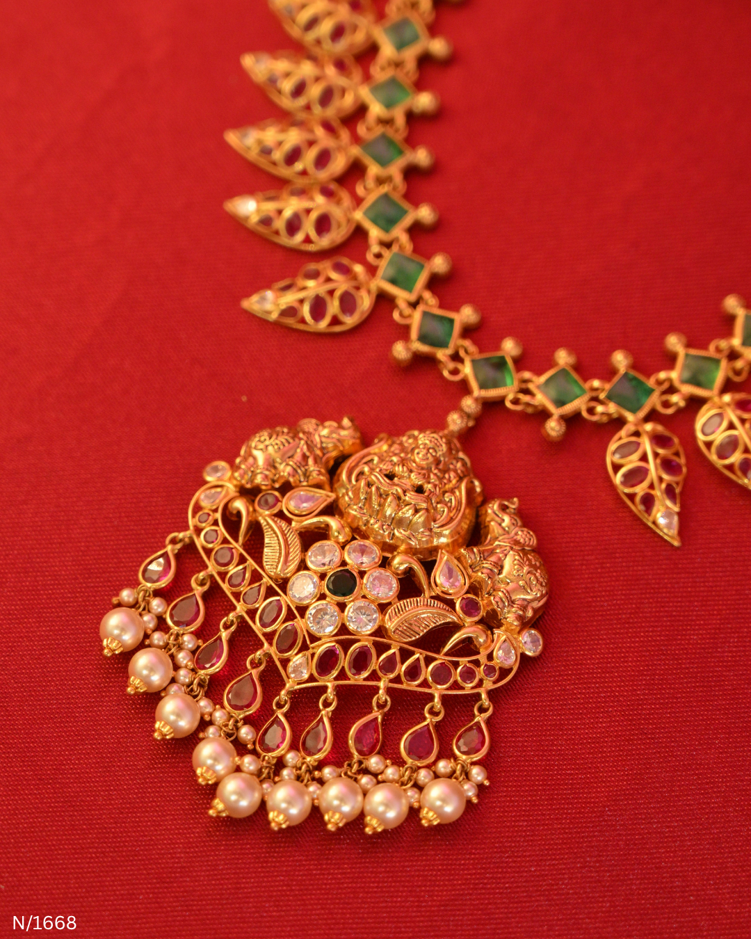 Goddess Lakshmi Nakshi Temple Pendant Necklace with Emerald Links & Ruby Mango Fringe |SKU: N/1668