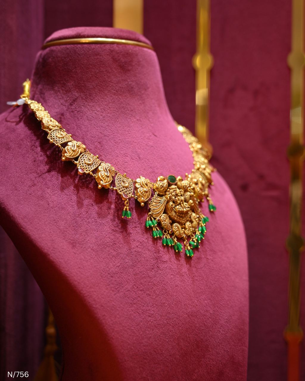 Antique Gold Temple Lakshmi & Green Bead Necklace | SKU: N/756