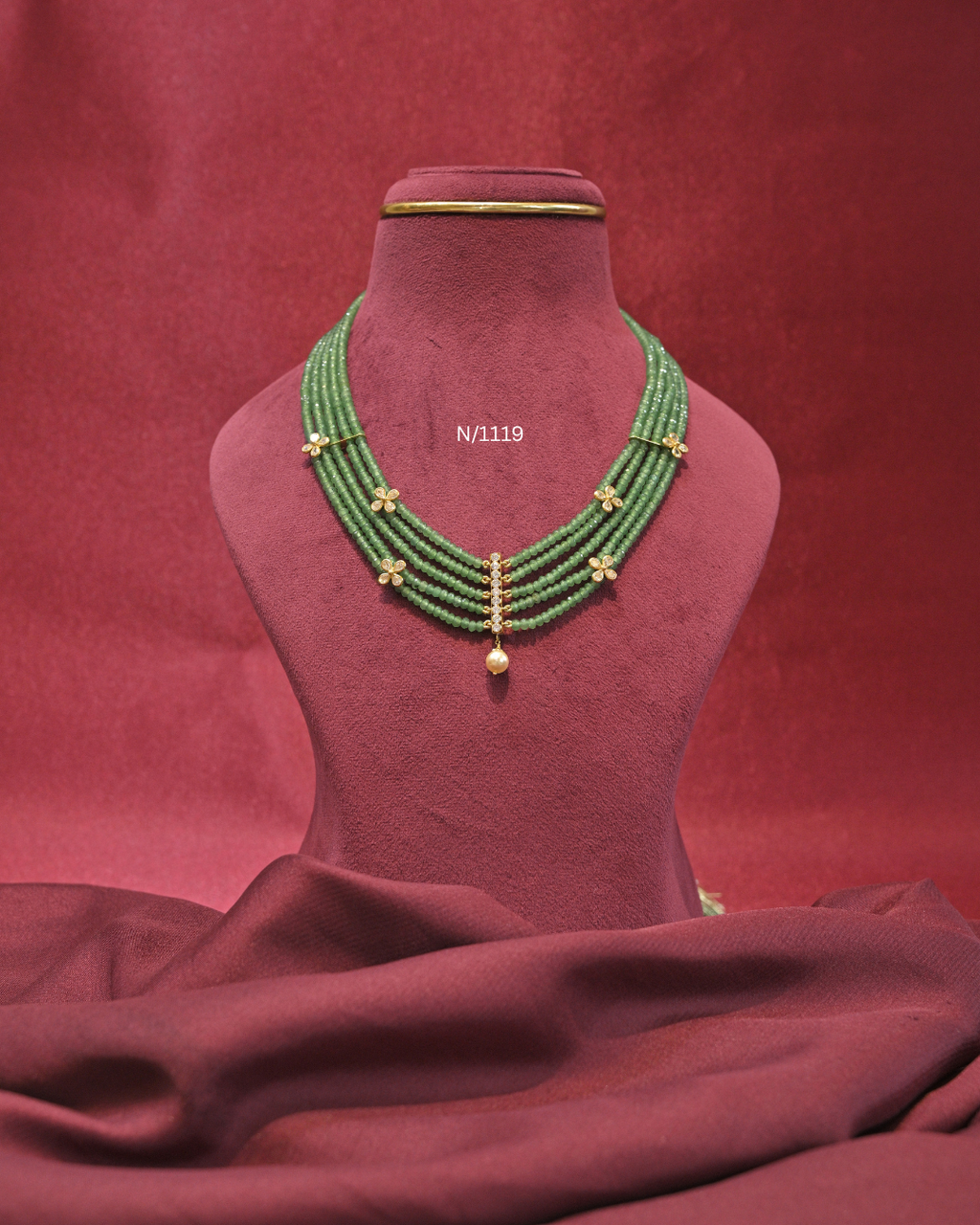 CZ Vertical Bar & Floral Brooch Five-Strand Emerald Bead Step Haram | SKU: N/1119