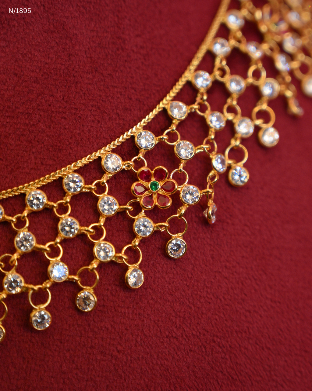 Traditional CZ Mesh Openwork Temple Choker with Goddess Lakshmi & Ruby Bead Drops | SKU: N/1895