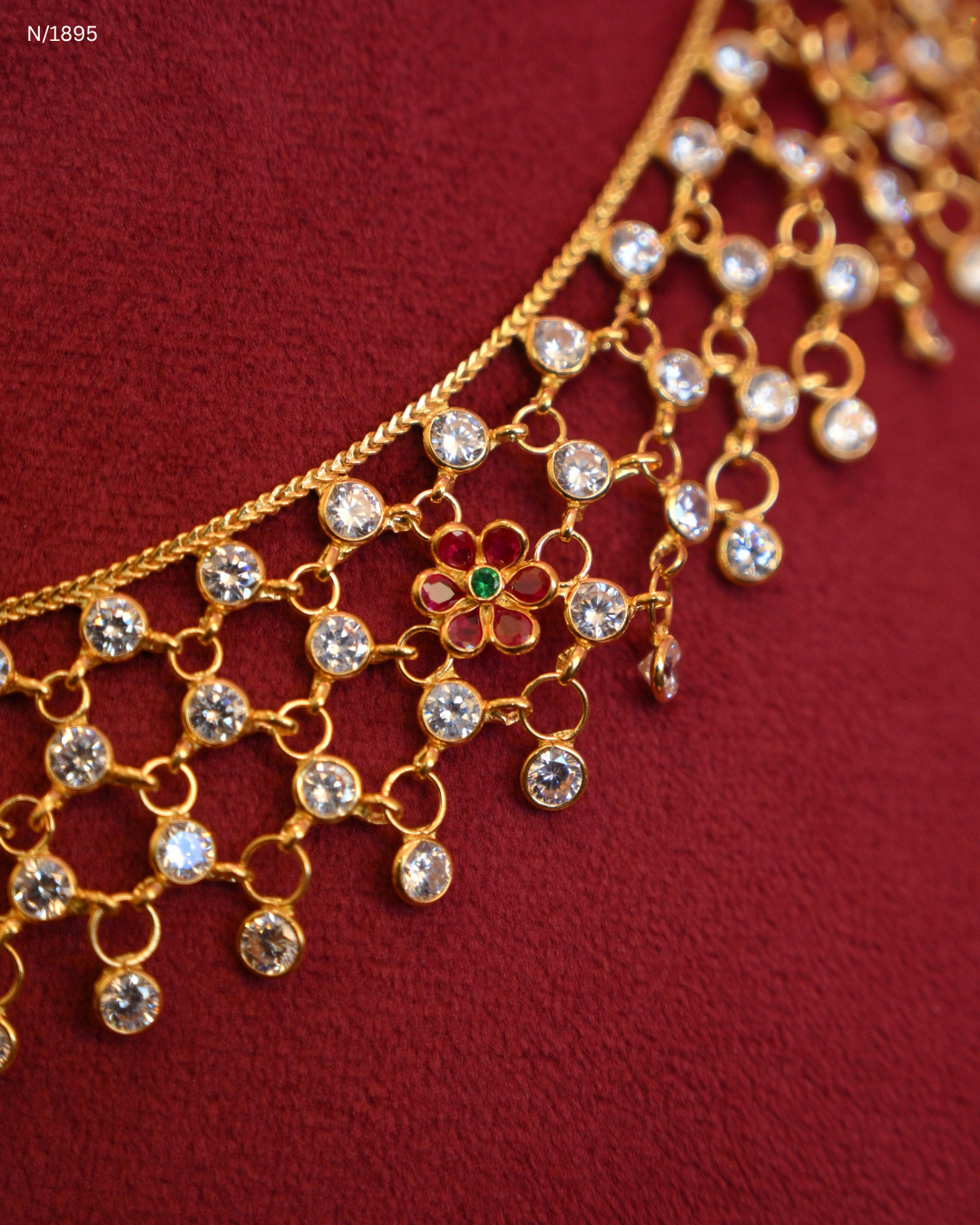 Traditional CZ Mesh Openwork Temple Choker with Goddess Lakshmi & Ruby Bead Drops | SKU: N/1895