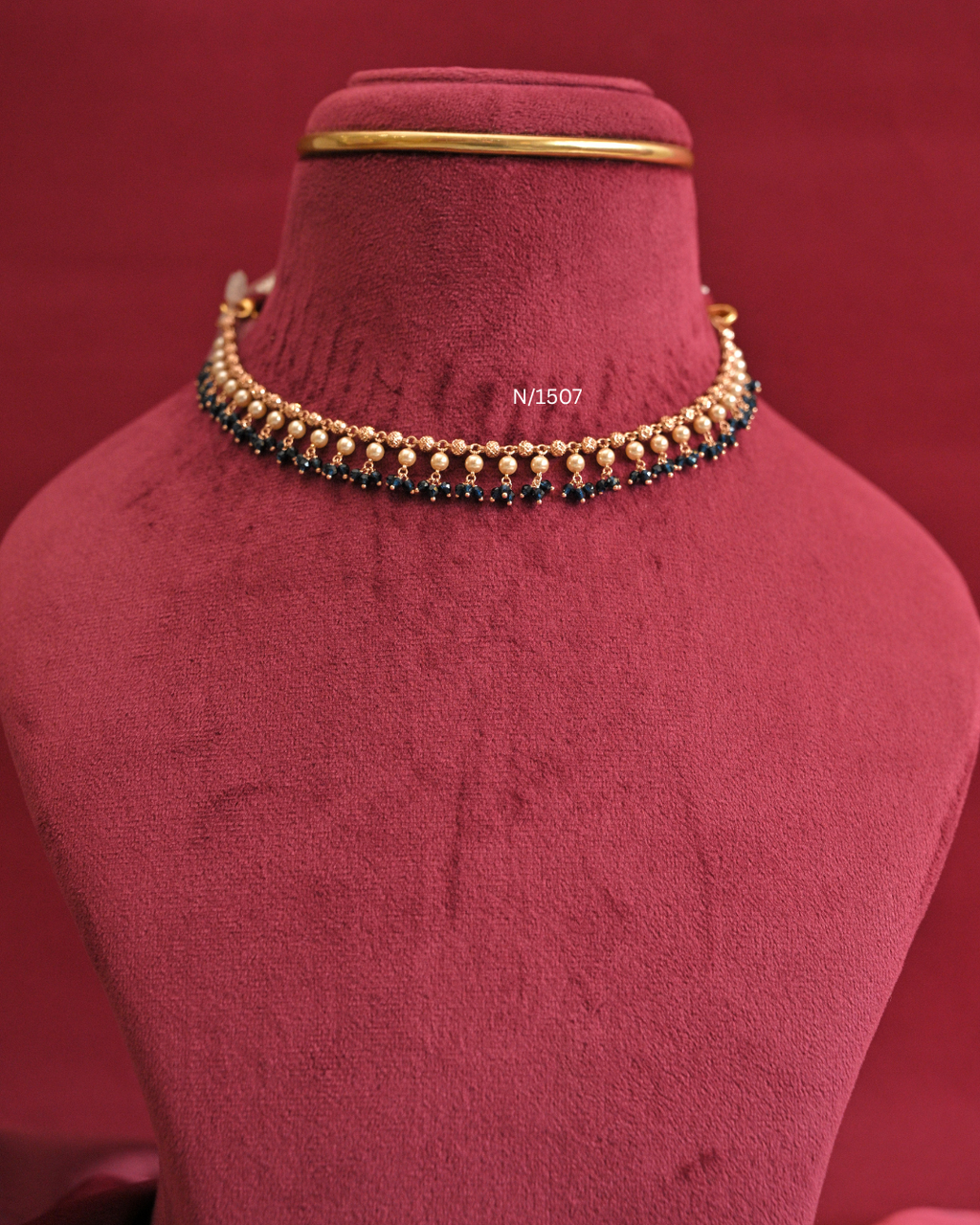 Pearl & Navy Blue Bead Cluster Fringe Necklace | SKU: N/1507