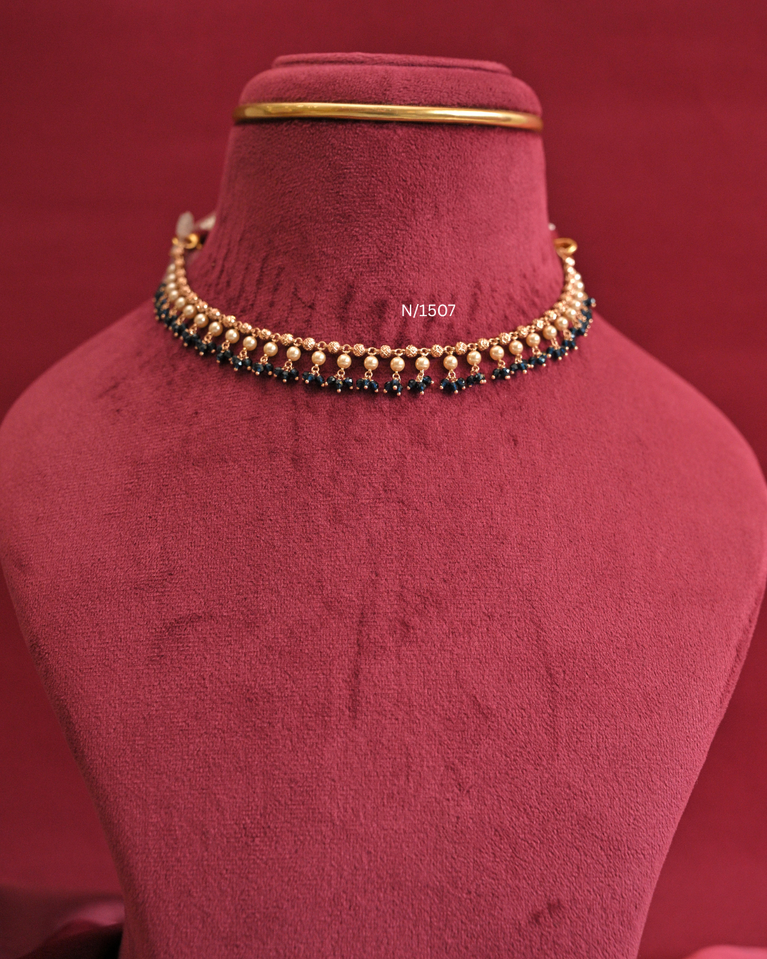 Pearl & Navy Blue Bead Cluster Fringe Necklace | SKU: N/1507