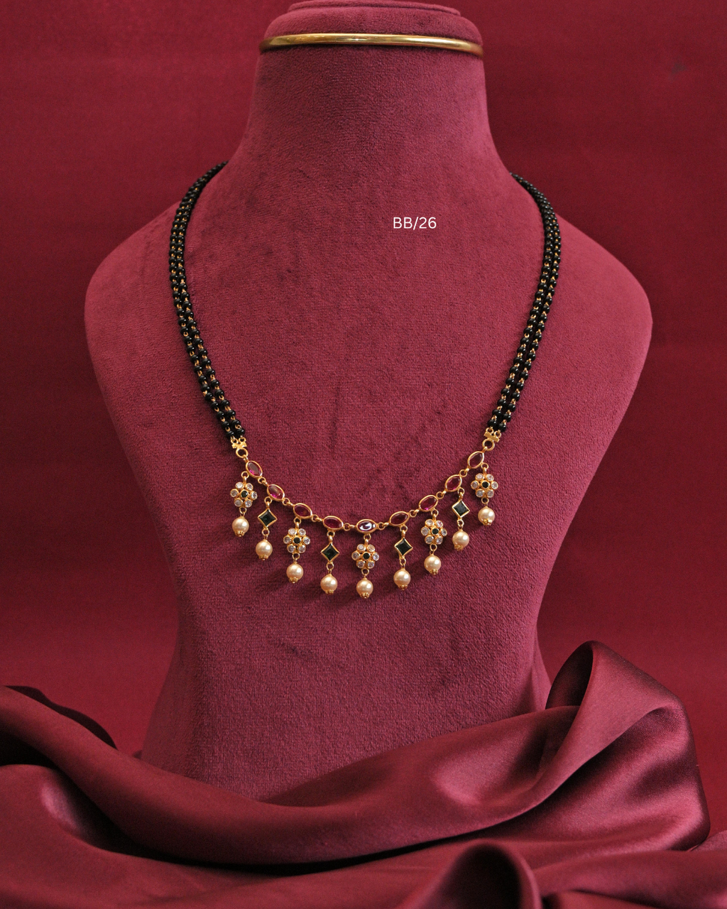 Ruby, Emerald & CZ Floral Fringe Drop Mangalsutra with Pearl Accents |SKU: BB/26