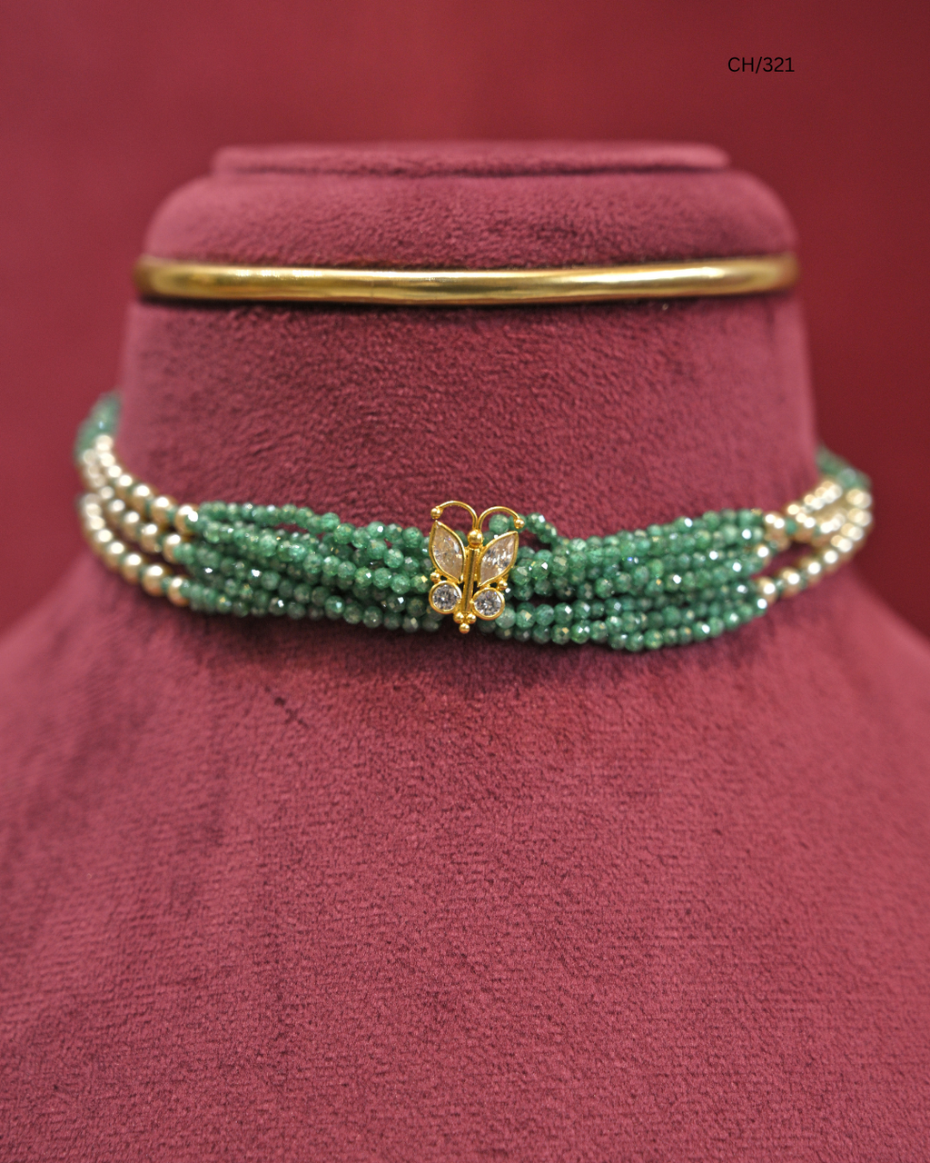 Gold Butterfly Motif Multi-Strand Emerald Green Bead Choker | SKU: CH/321