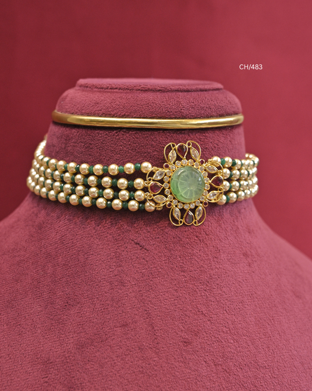 Carved Emerald & Ruby Filigree Medallion Pearl Choker |SKU: CH/483