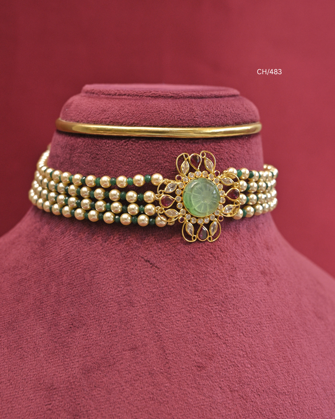 Carved Emerald & Ruby Filigree Medallion Pearl Choker |SKU: CH/483