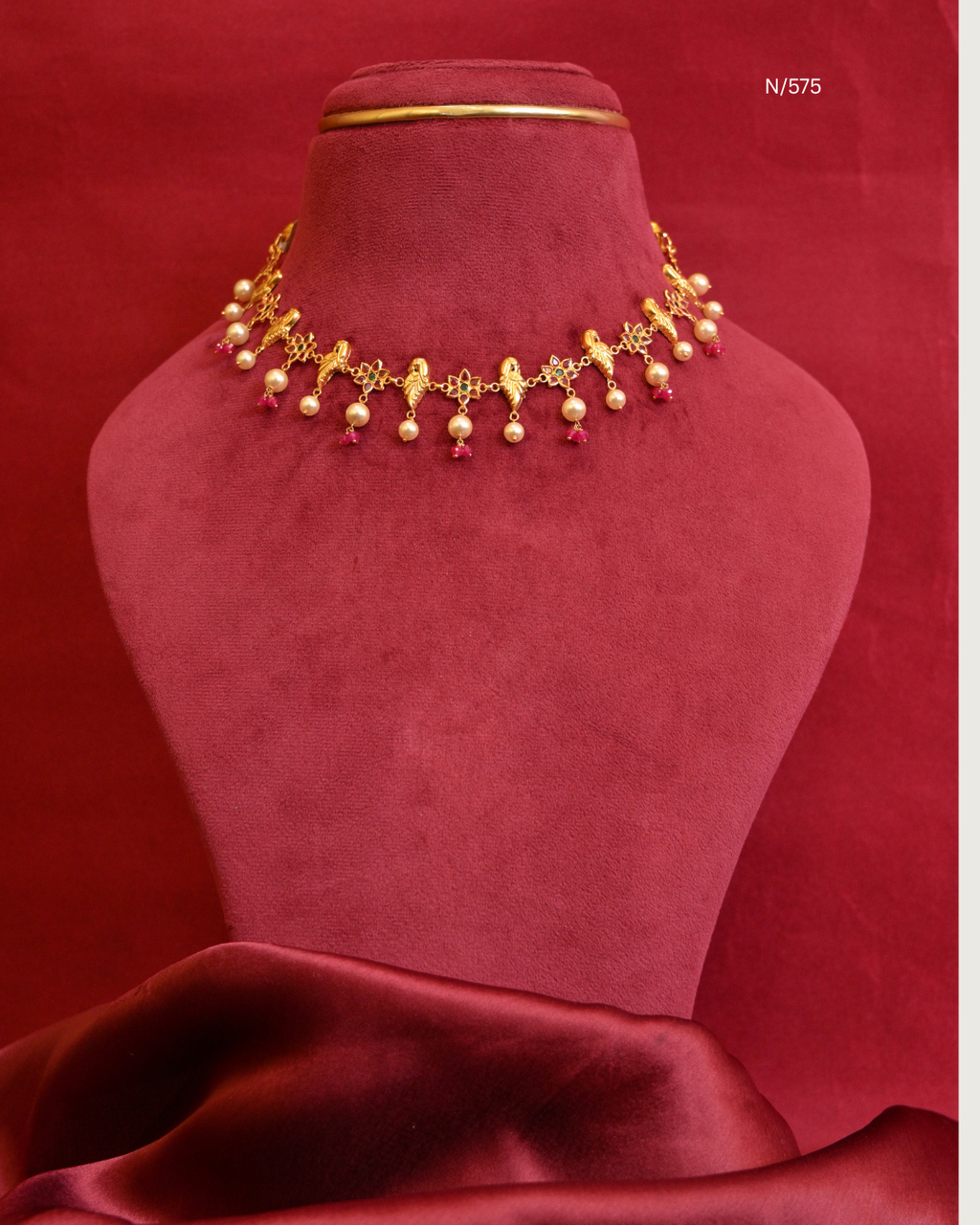 Peacock Nakshi & Floral Station Choker Necklace with Rubies, Emeralds, Pearls & Pink Bead Drops | SKU: N/575