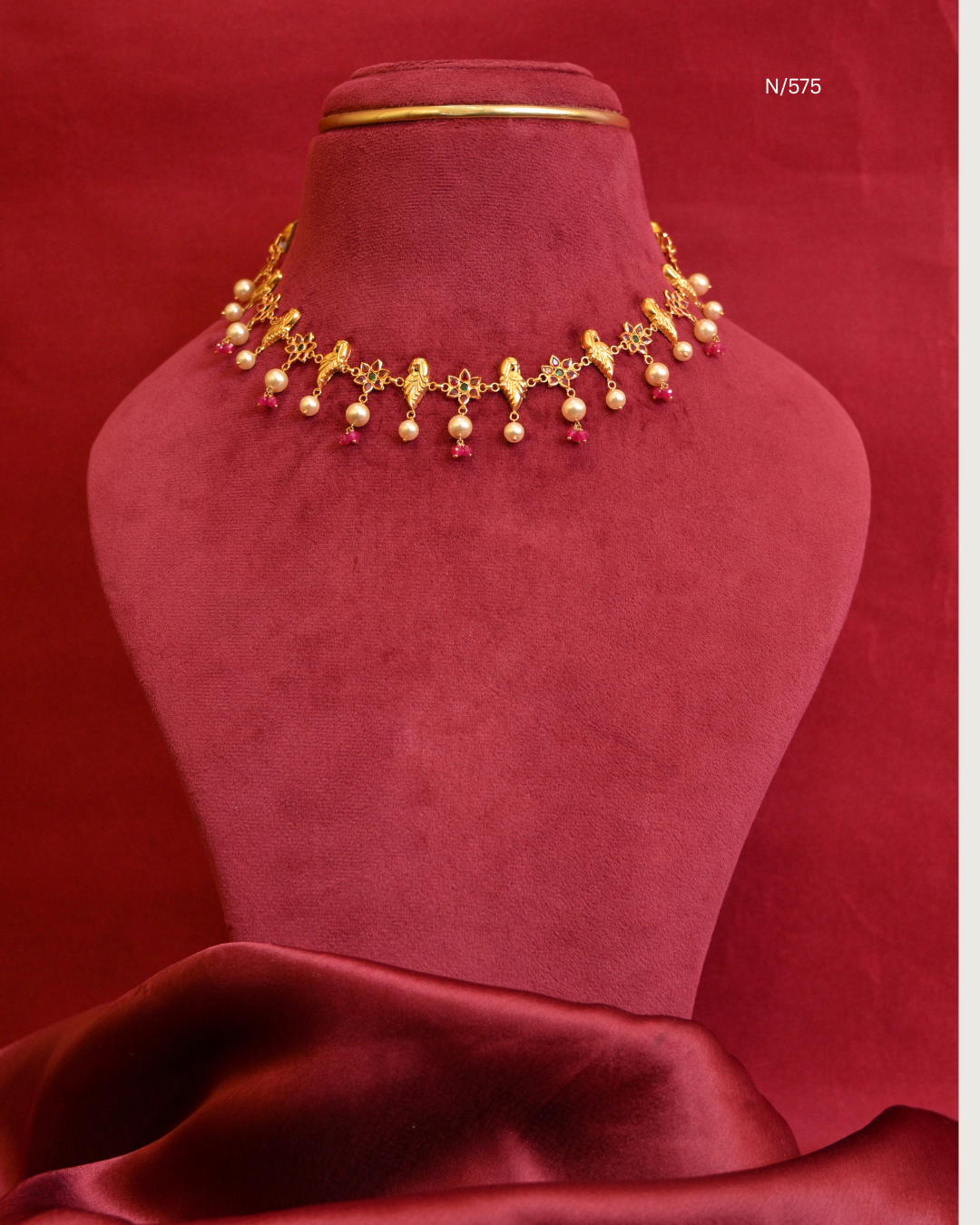 Peacock Nakshi & Floral Station Choker Necklace with Rubies, Emeralds, Pearls & Pink Bead Drops | SKU: N/575