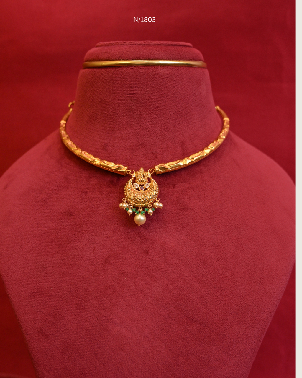 Goddess Lakshmi Crescent Chandbali Pendant Tubular Hasli Necklace with Ruby, CZ, Emerald Beads & Pearls | SKU: N/1803