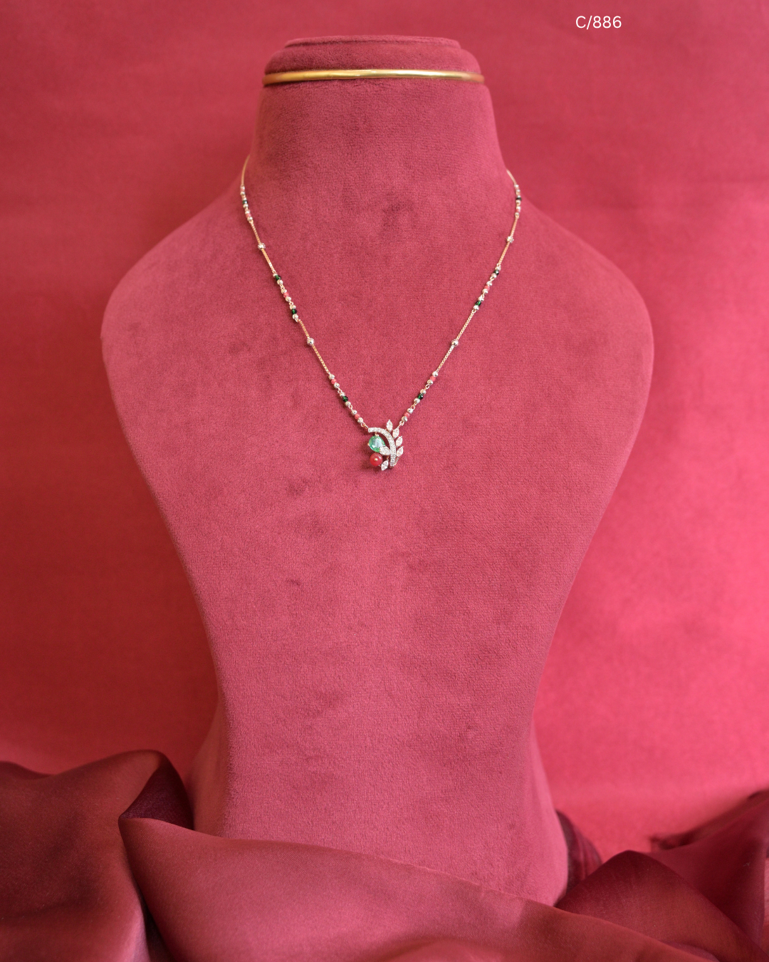 Beaded Station Necklace with Emerald Accent, Red Drop & CZ Leaf Branch Pendant | SKU: C/886