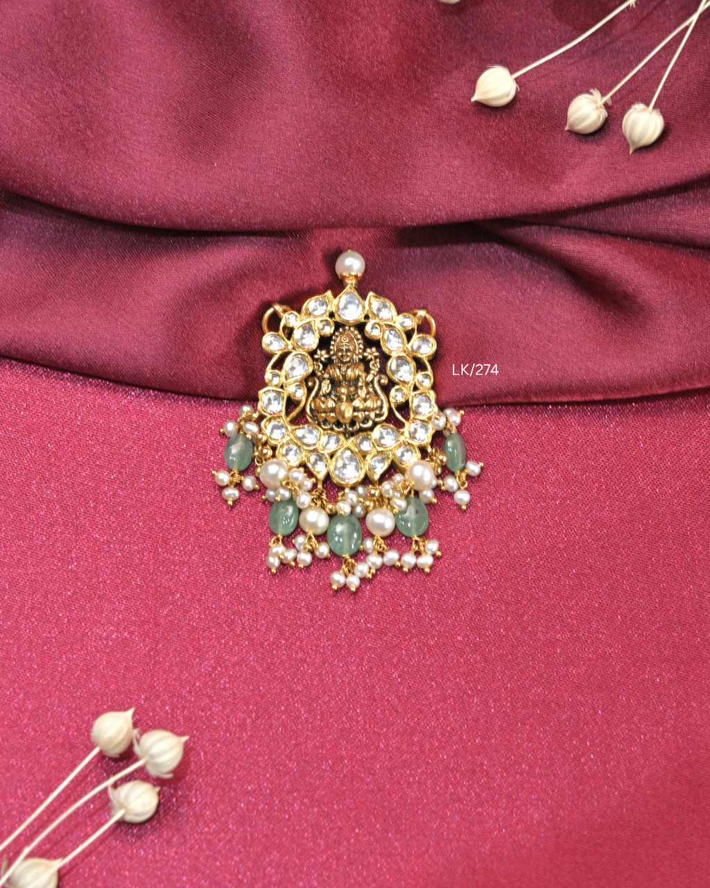 Antique Goddess Lakshmi Kundan Pendant with Emerald & Pearl Drops | SKU: LK/274