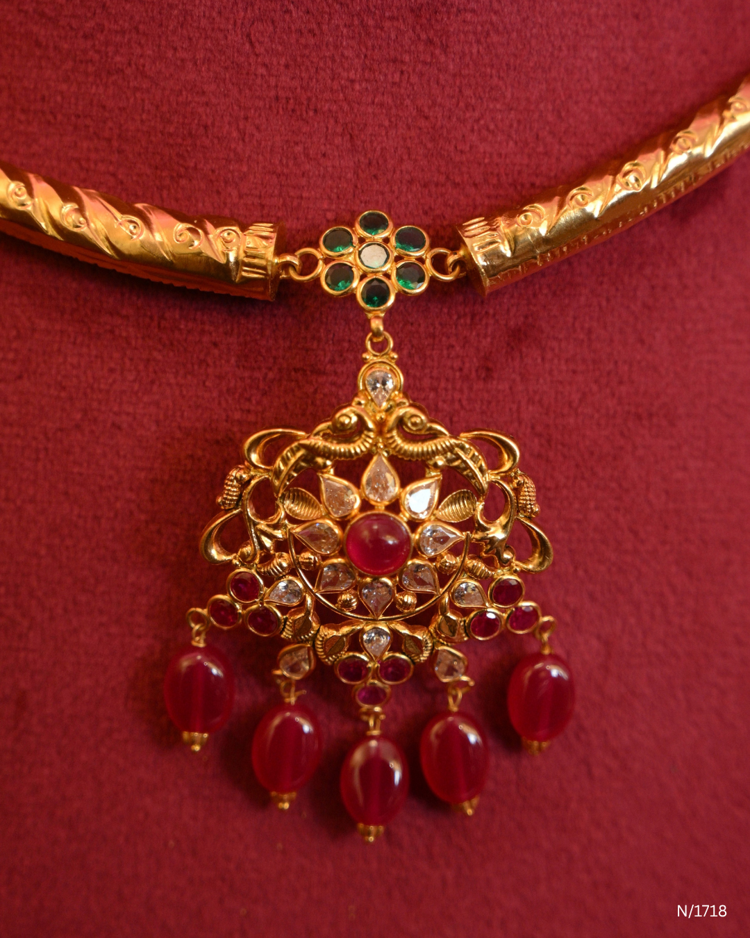 Floral Filigree Pendant Kanti with Rubies & Ruby Bead Drops | SKU: N/1718