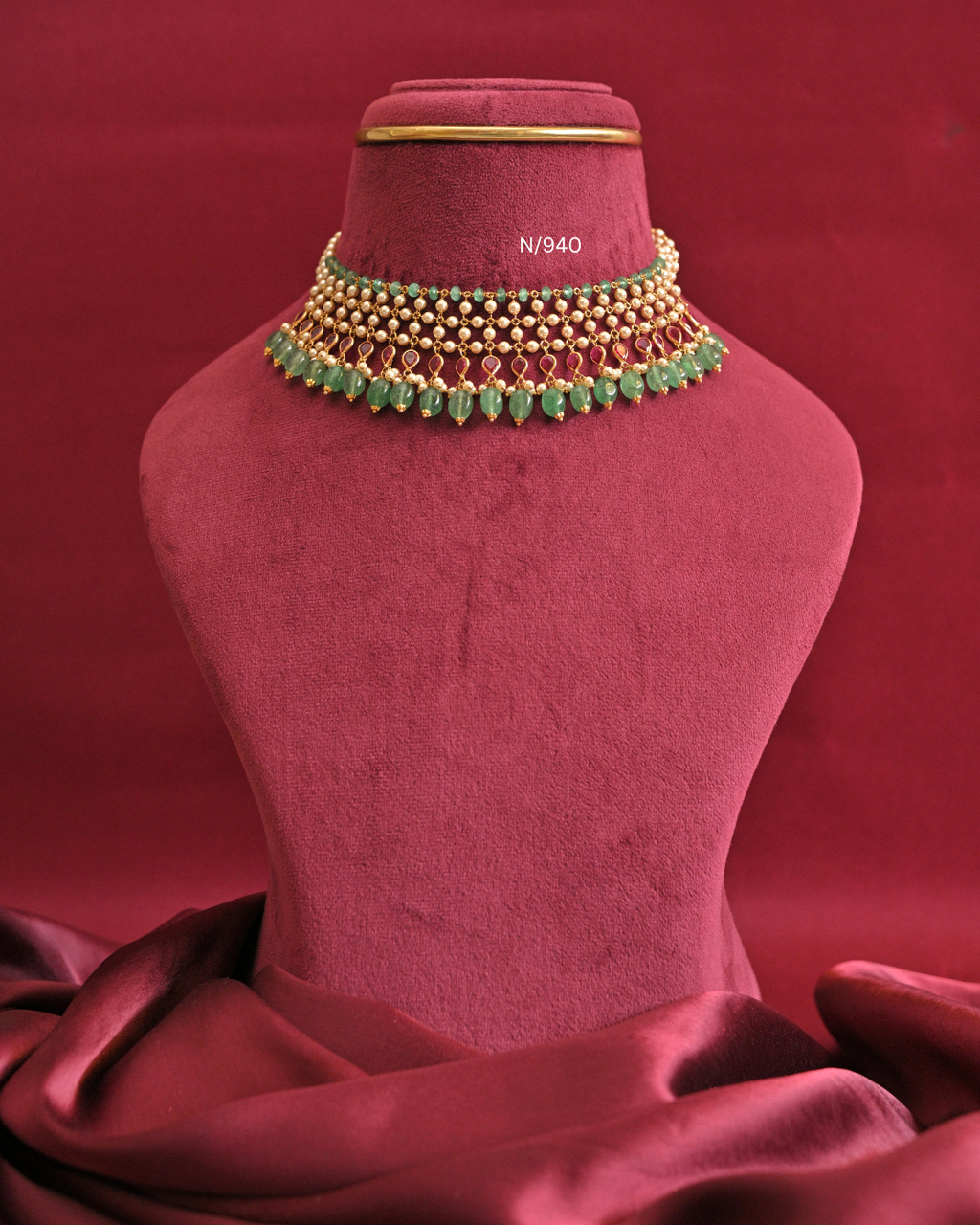 Pearl Mesh & Teardrop Ruby Necklace with Emerald Bead Drops |SKU: N/940