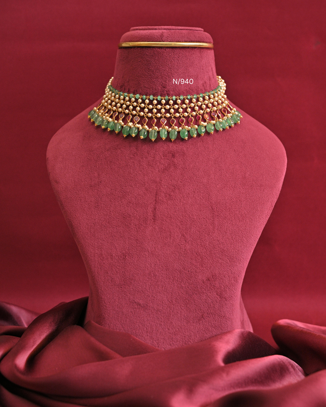 Pearl Mesh & Teardrop Ruby Necklace with Emerald Bead Drops |SKU: N/940