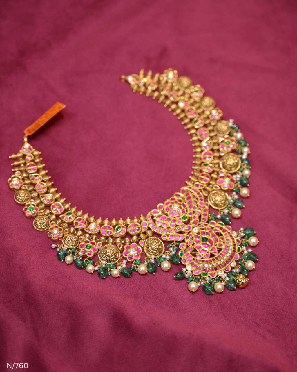 Antique Gold Temple Mango, Ruby & Emerald Choker Necklace | SKU: N/760