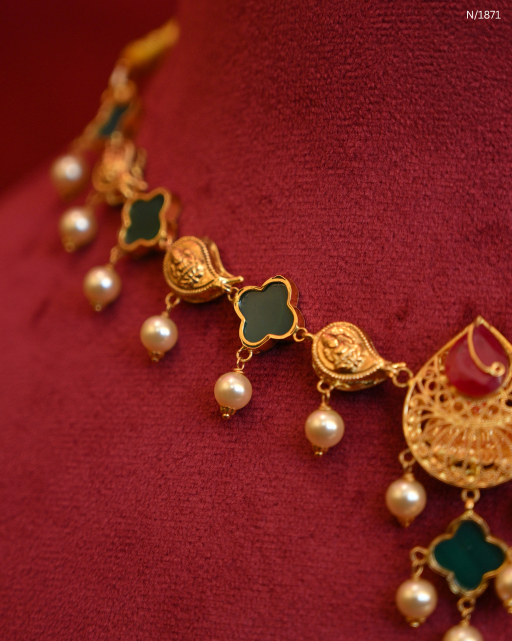 Goddess Lakshmi Temple Necklace with Green Enamel Mango Stations, Polki/CZ Accents & Hanging Pearls | SKU: N/1871