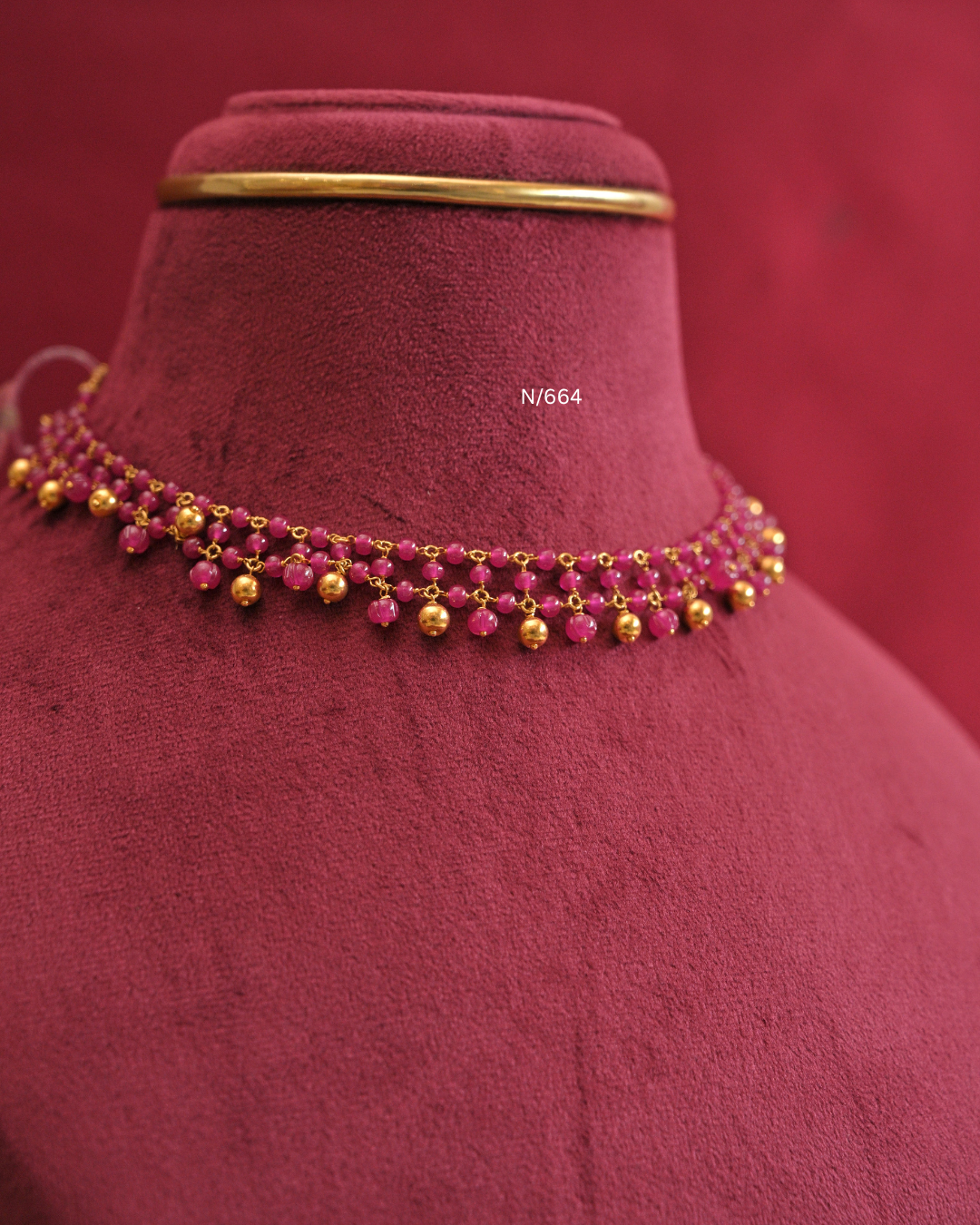 Crimson Pink Ruby Bead & Gold Ball Fringe Necklace | SKU: N/664