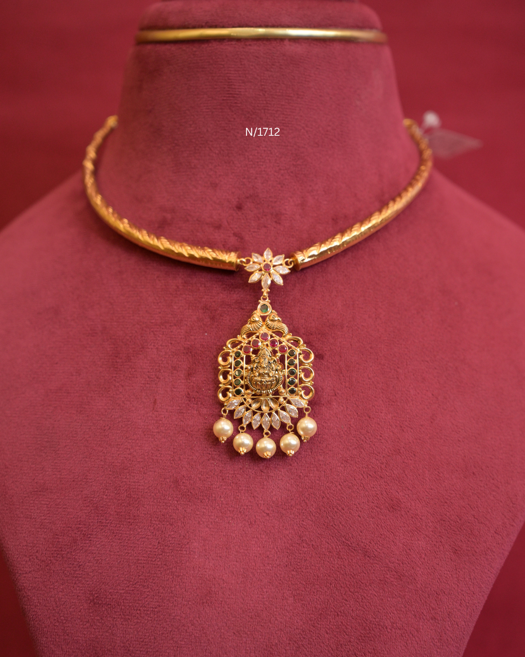 Goddess Lakshmi & Peacock Nakshi Pendant Tubular Hasli  with Ruby, Emerald, CZ & Pearl Drops | SKU: N/1712