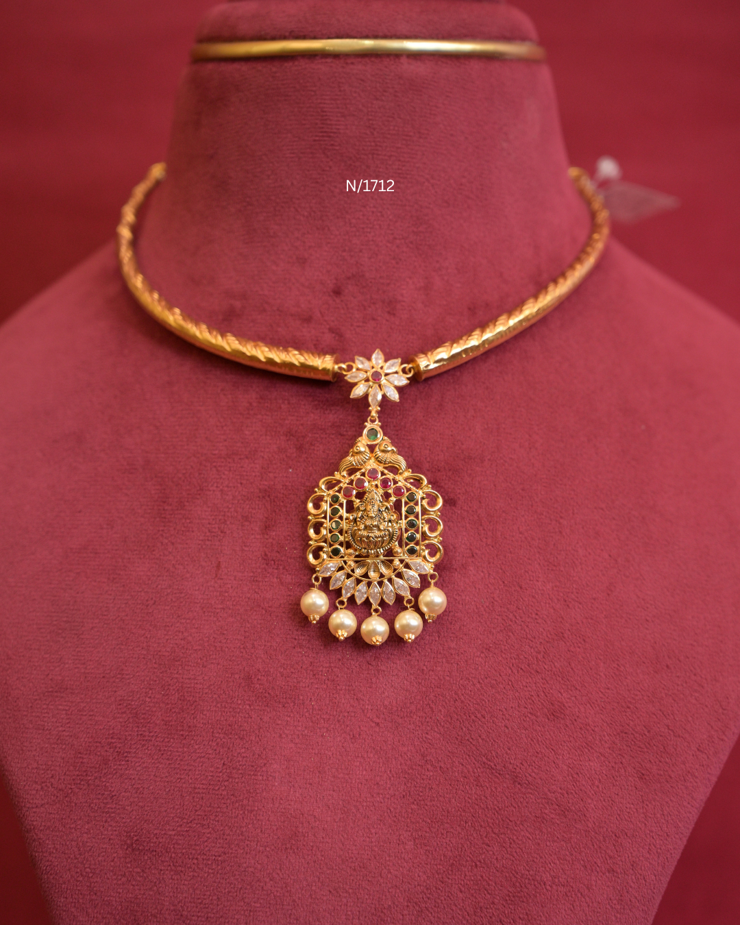 Goddess Lakshmi & Peacock Nakshi Pendant Tubular Hasli  with Ruby, Emerald, CZ & Pearl Drops | SKU: N/1712
