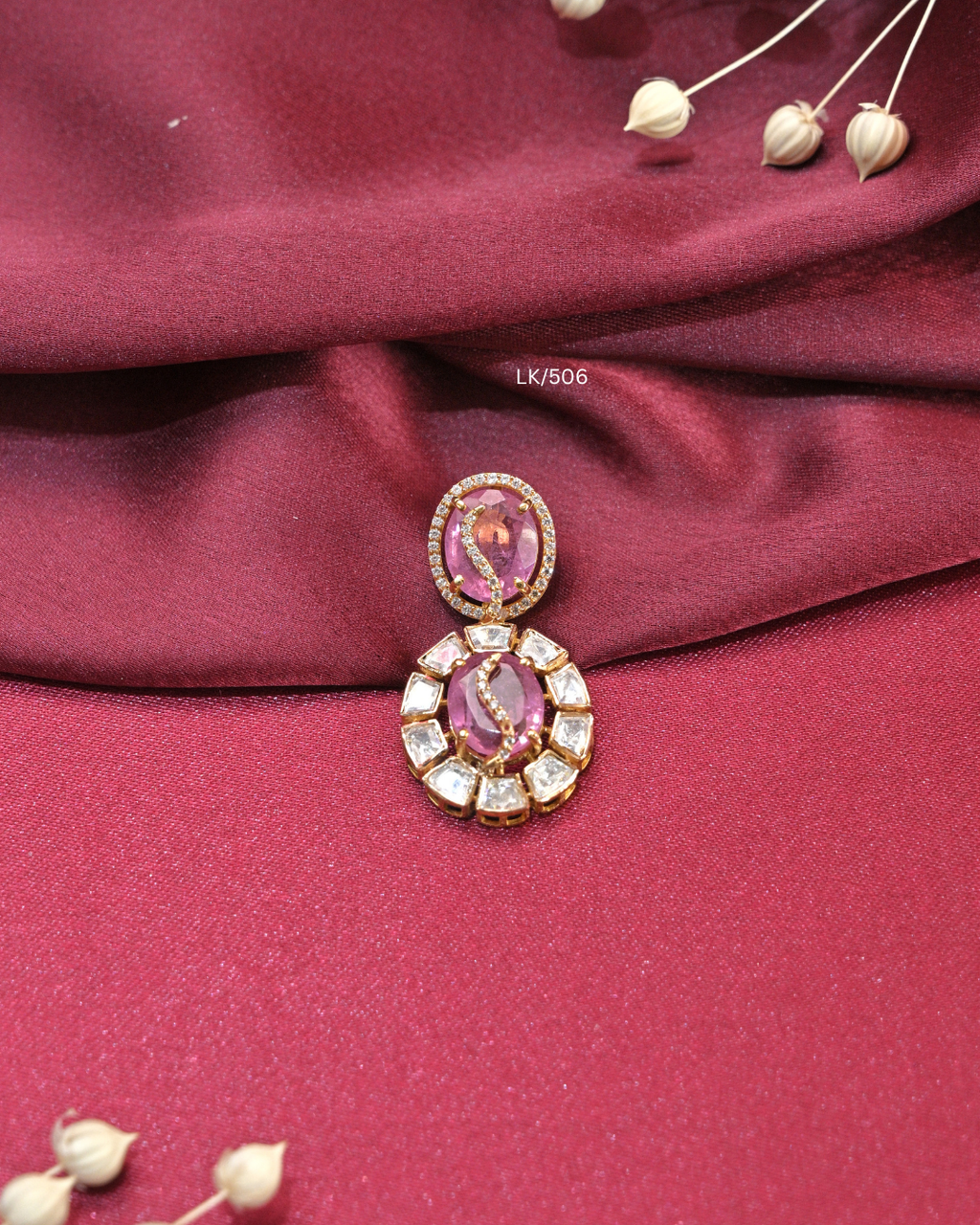 Dual Oval Cambodia Ruby & Polki-Style CZ Two-Tier Pendant | SKU: LK/506