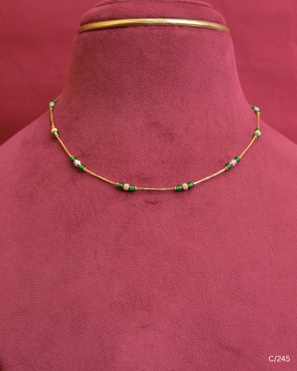 Chain Necklace with Green Gemstone Beads & Gold Spheres |SKU: C/245