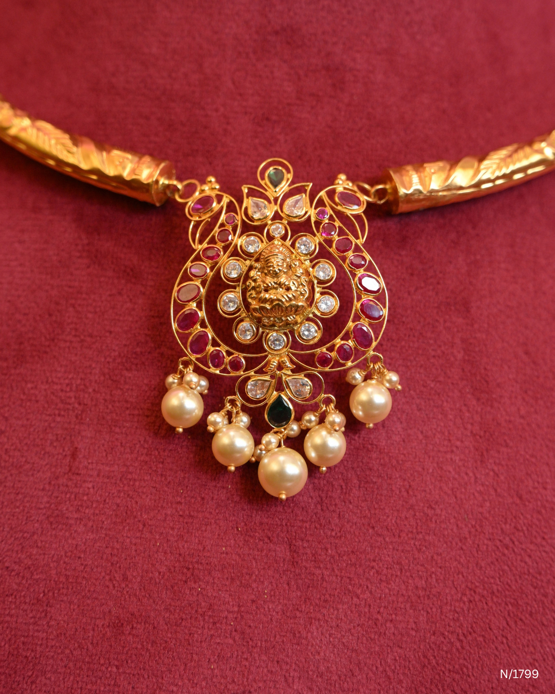 Lakshmi Temple Motif Openwork Pendant Kanti with Rubies & Pearl Drops |SKU: N/1799