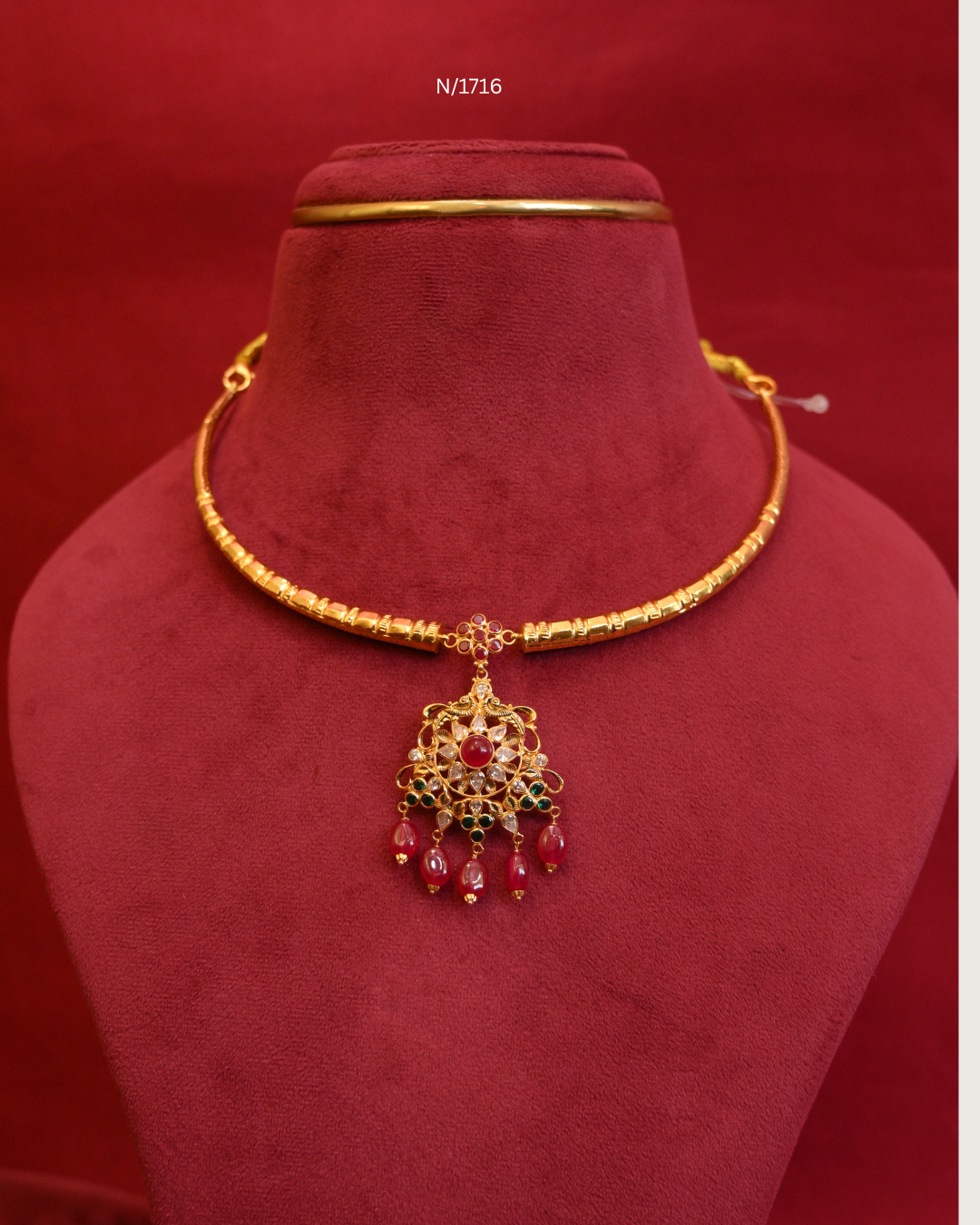 Floral Openwork Pendant Tubular Hasli Necklace with Ruby, Emerald & Ruby Bead Drops | SKU: N/1716