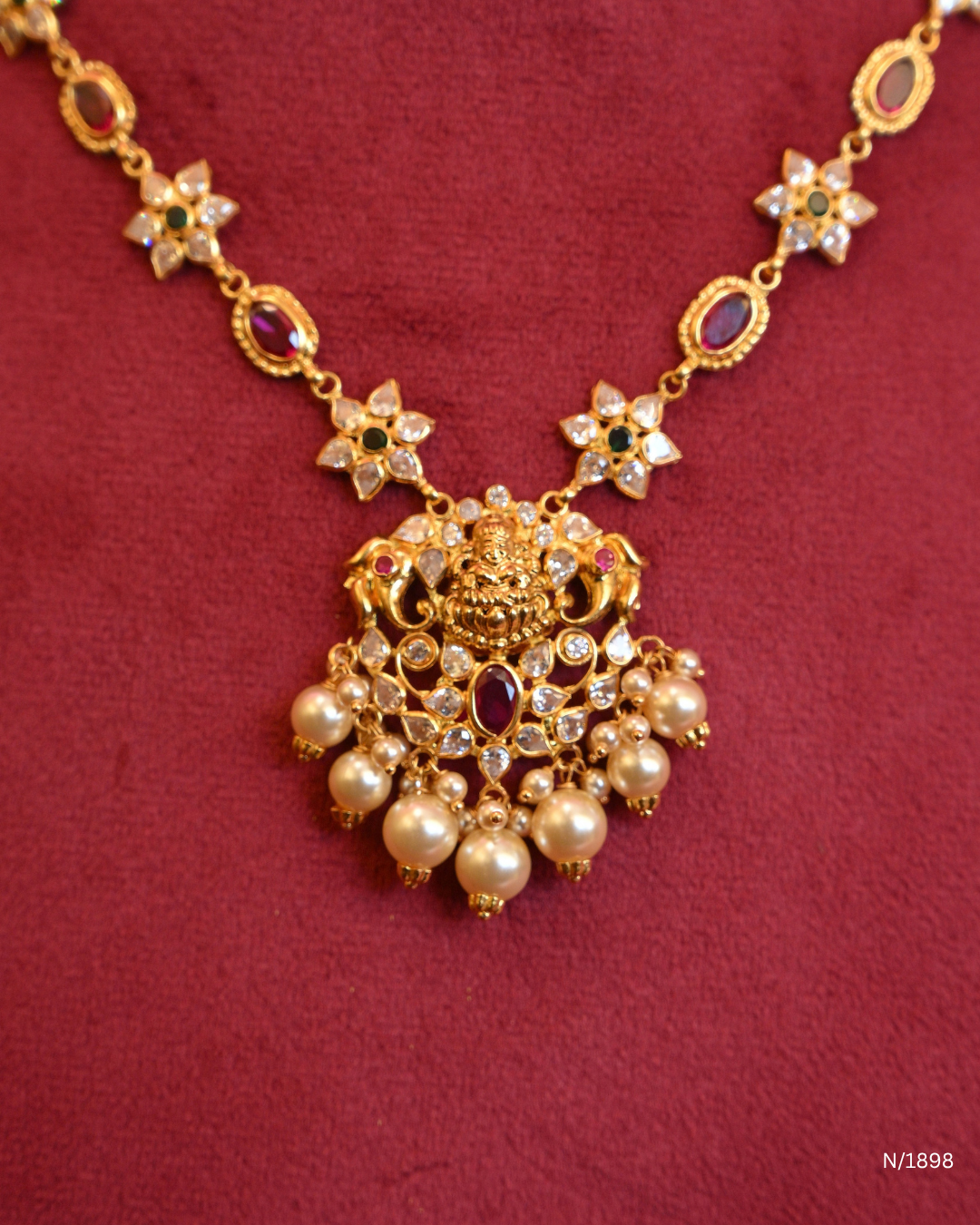 Traditional Peacock Motif Temple Necklace with Emerald, Ruby & Pearl Drops | SKU: N/1898