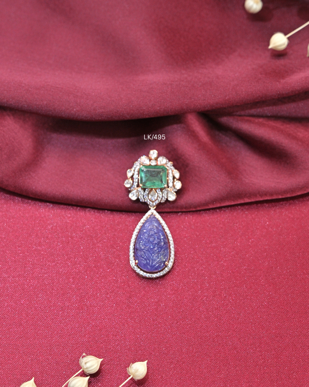 Carved Tanzanite Drop & Square Emerald CZ Pendant | SKU: LK/495