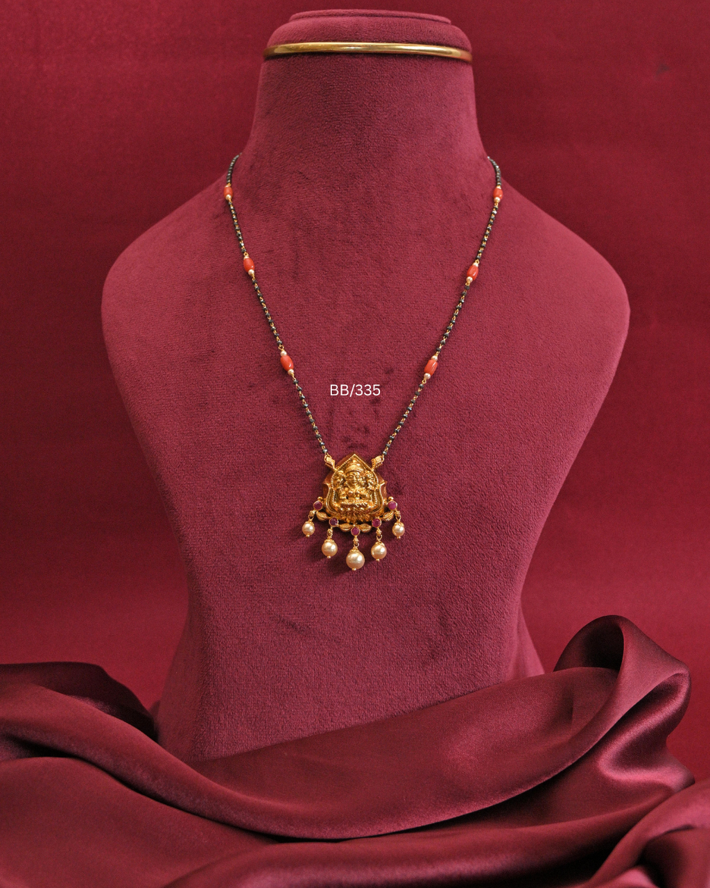 Goddess Lakshmi Temple Pendant Mangalsutra with Coral & Pearl Drops | SKU: BB/335
