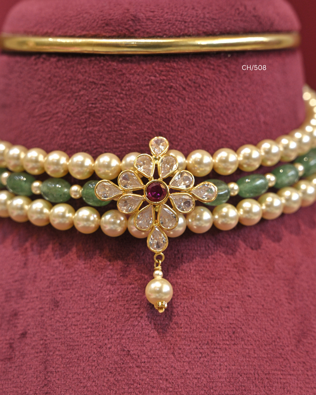Ruby & CZ Floral Motif Pearl & Emerald Strand Choker |  SKU: CH/508