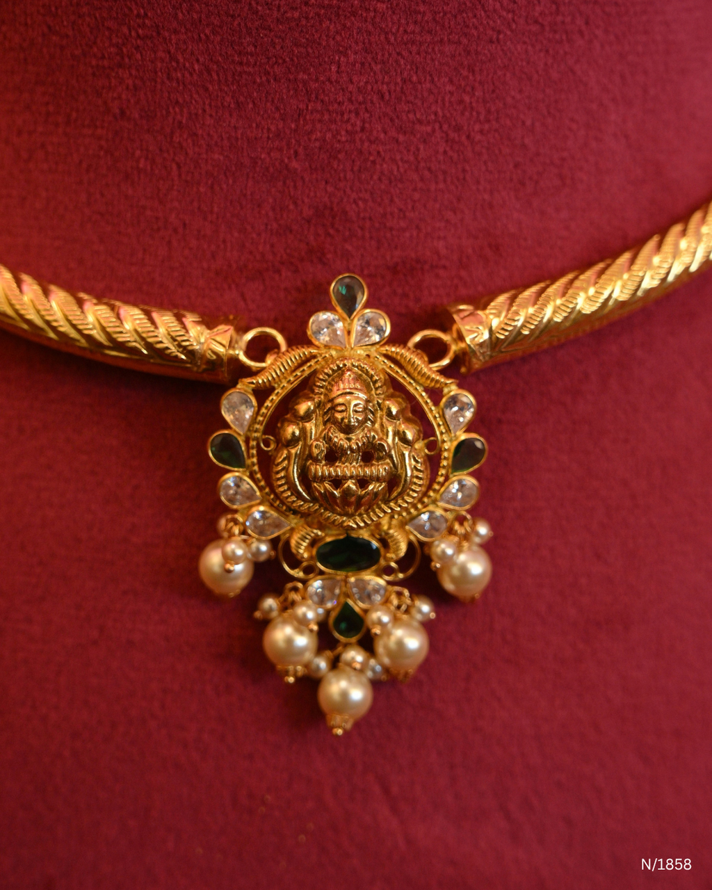 Lakshmi Temple Motif Pendant Kanti with Emeralds & Pearl Drops | SKU: N/1858