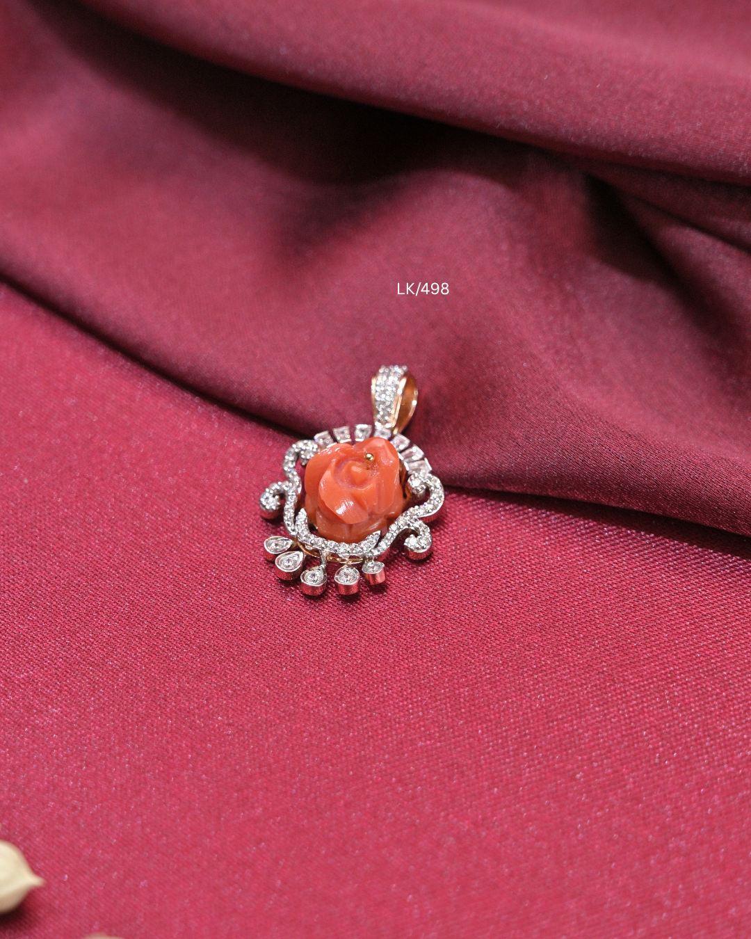 Carved Coral Rose Blossom & CZ Scrollwork Pendant |SKU: LK/498