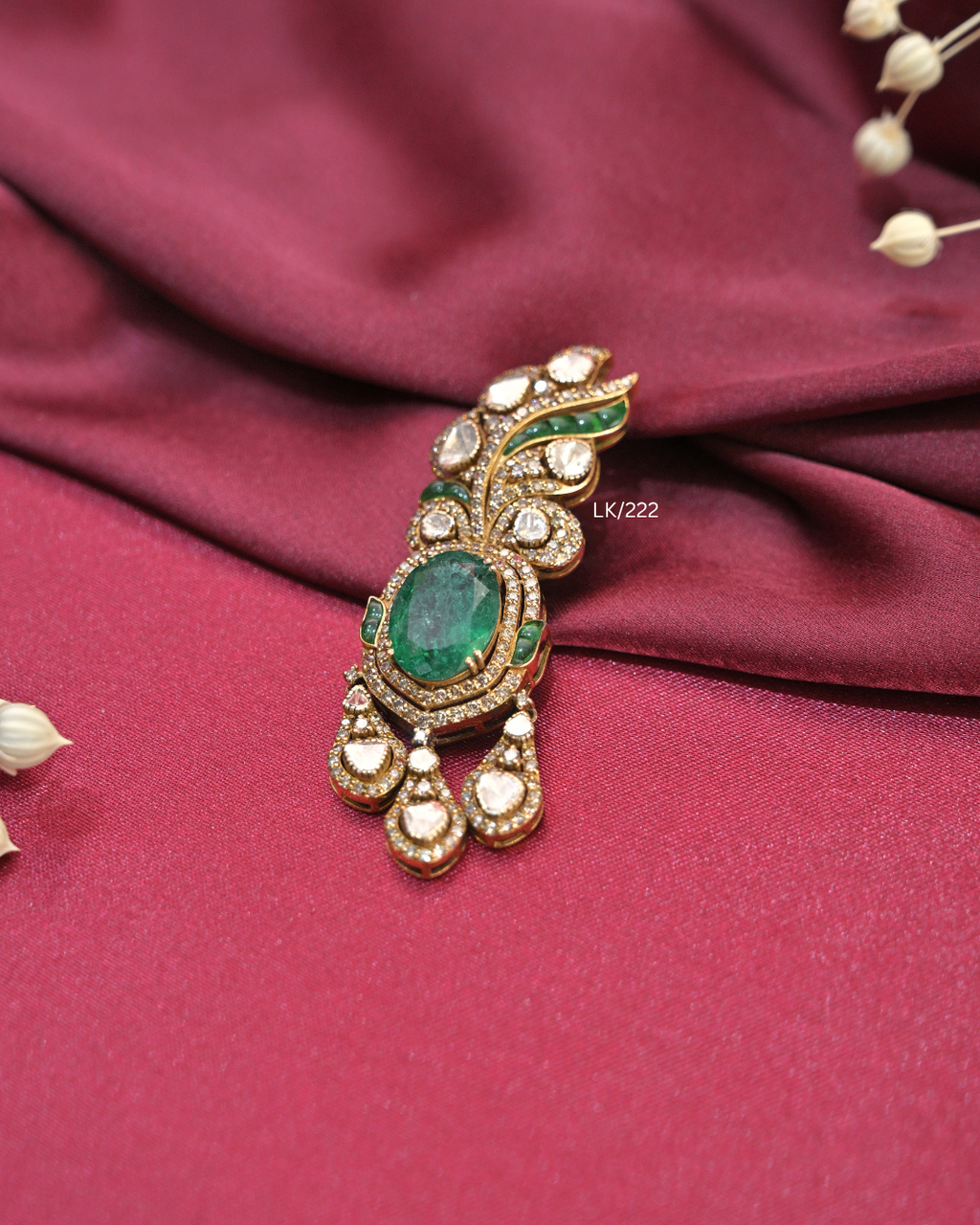 Antique Gold Oval Emerald & Polki Diamond Asymmetrical Pendant | SKU: LK/222