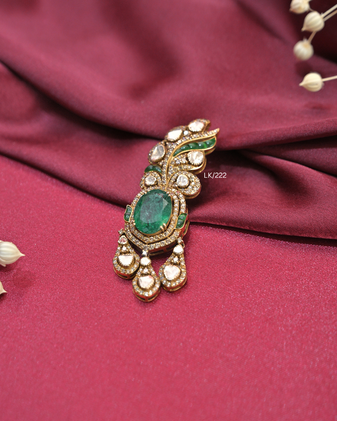 Antique Gold Oval Emerald & Polki Diamond Asymmetrical Pendant | SKU: LK/222
