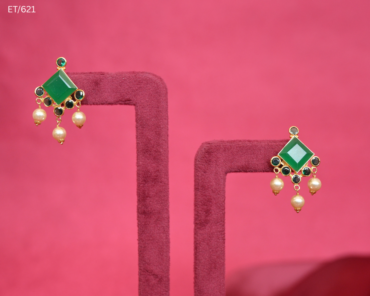 Square Emerald & Pearl Drop Earrings | SKU: ET/621