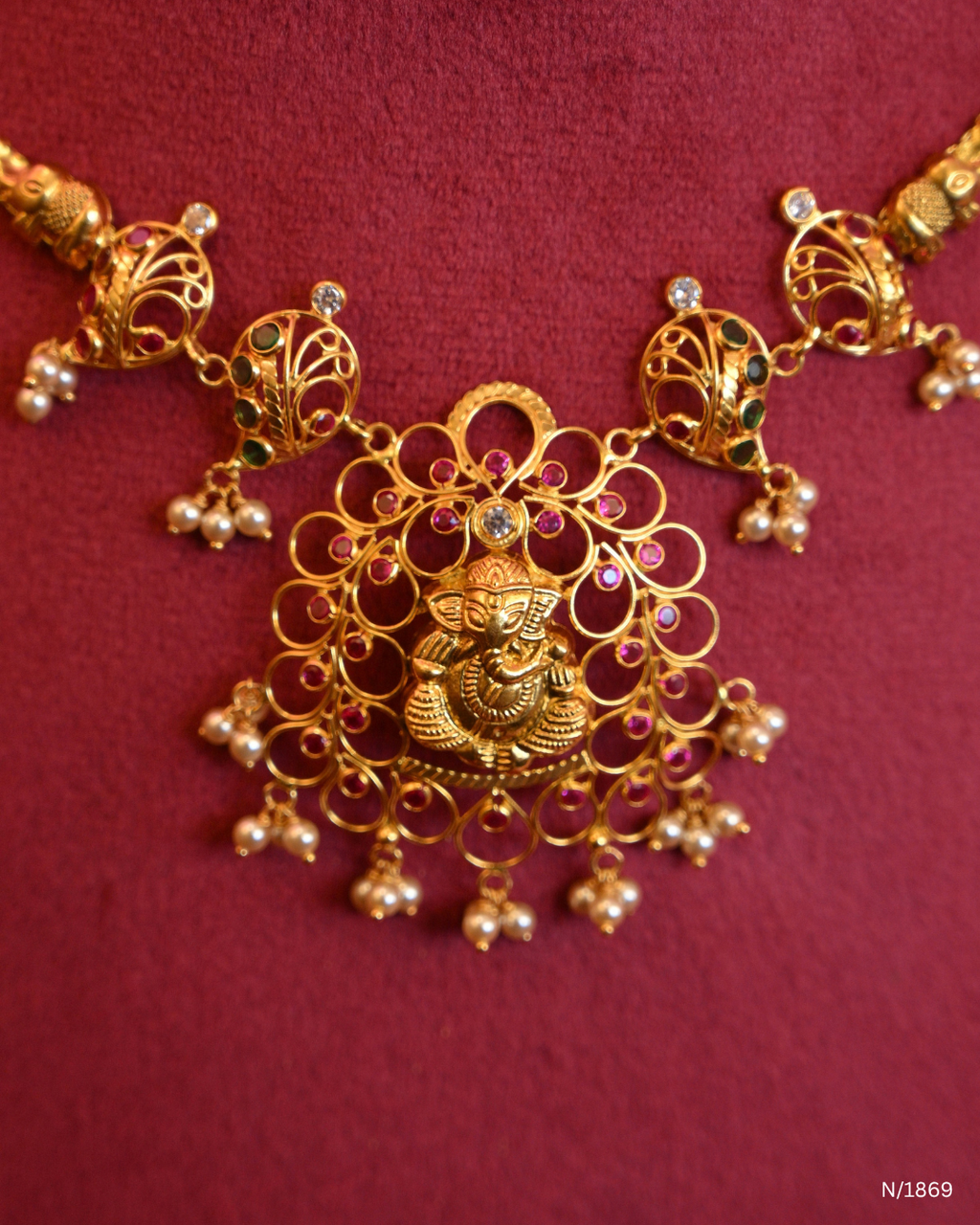 Lord Ganesha Openwork Temple Necklace with Ruby Accents & Seed Pearl Drops | SKU: N/1869