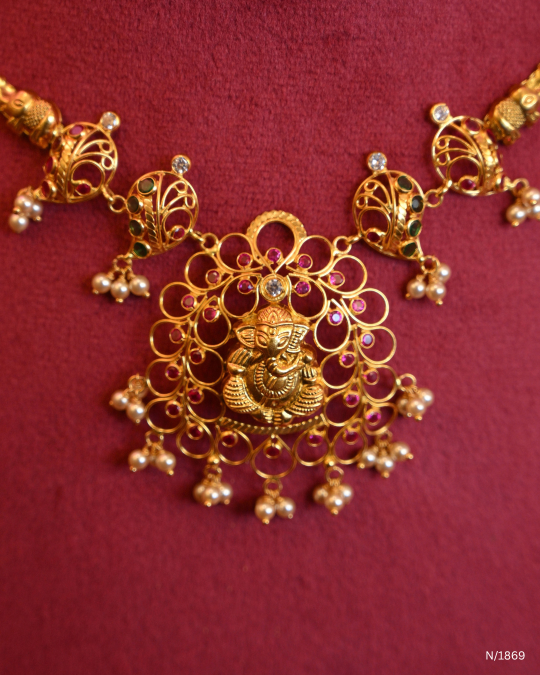 Lord Ganesha Openwork Temple Necklace with Ruby Accents & Seed Pearl Drops | SKU: N/1869